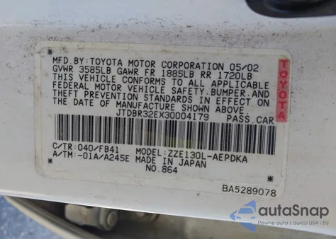 2003 Toyota Corolla Ce z USA, uszkodzony, nr VIN JTDBR32EX30004179